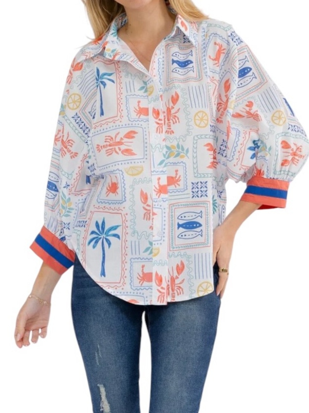 Coastal Print 3/4 Length Ribbed Sleeve Button Down Top